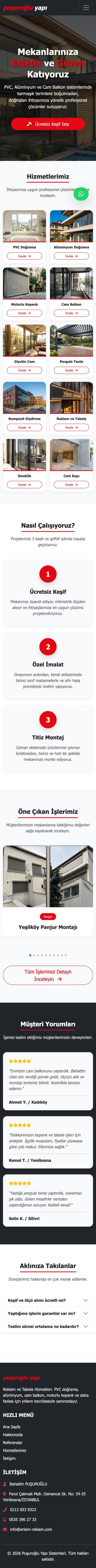 Puşuroğlu Yapı Sistemleri telefon görünümü, tam sayfa